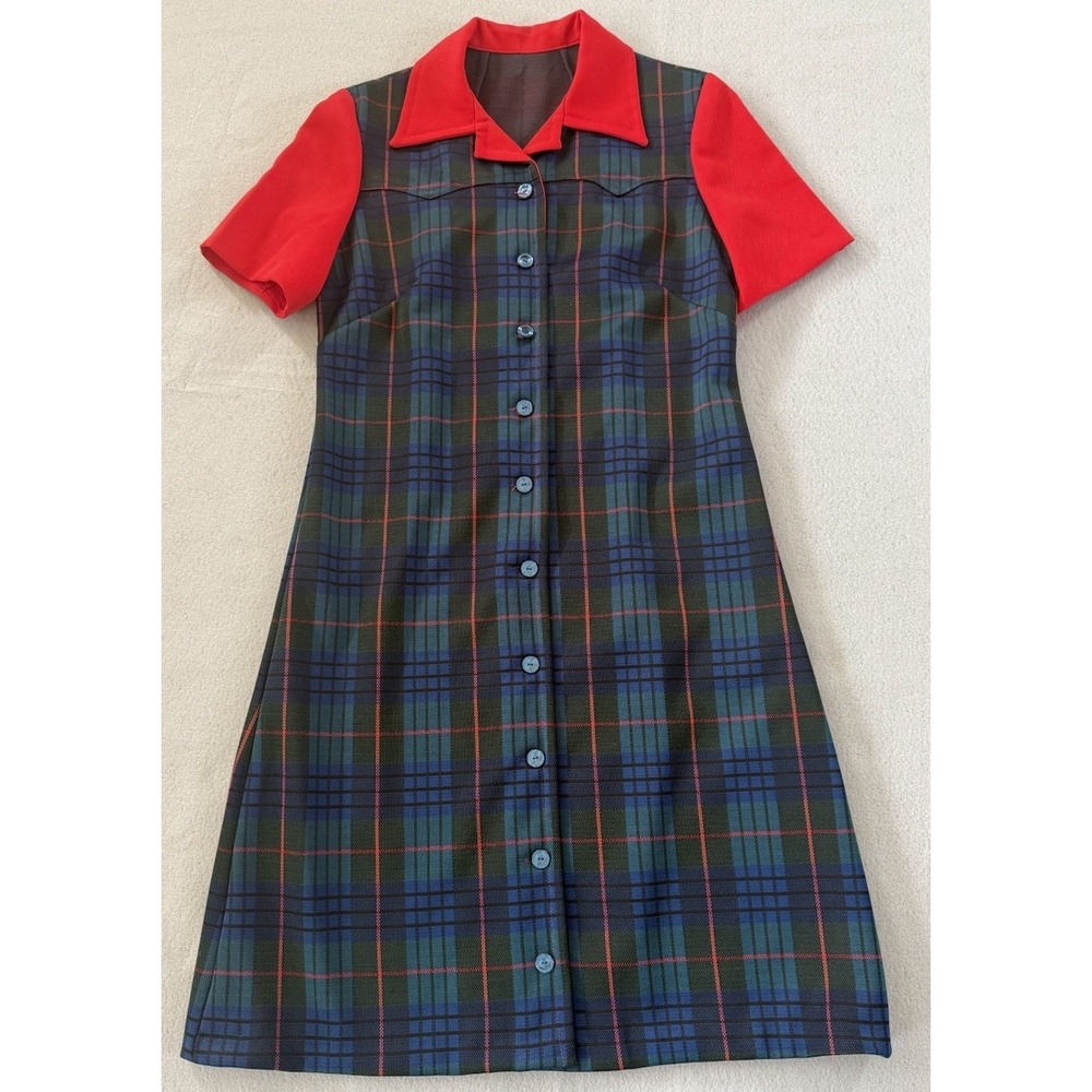 Vintage 60s 70s Plaid Mod Shift Dress Red Blue Tartan Short Sleeve S 34" Bust